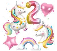 PtyPop 7 Pièces Decoration Anniversaire Licorne 1 2 3 4 5 6 Ans, 3D Debout Ballon Licorne & Ballon Coeur & Arc-en-Ciel Étoile Ballons, Licorne Décoration Anniversaire Fille (2 Ans)