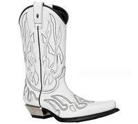 SIULAS PU Bottes en Cuir Vintage Western Cowboy Bottes Broderie Biker Bottes Slip sur Casual Chaussures Bottes à Bout Pointu,Blanc,44