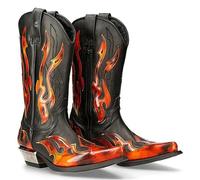 PU Bottes en Cuir Vintage Western Cowboy Bottes Broderie Biker Bottes Slip sur Casual Chaussures Bottes à Bout Pointu,Orange,40