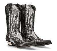PU Bottes en Cuir Vintage Western Cowboy Bottes Broderie Biker Bottes Slip sur Casual Chaussures Bottes à Bout Pointu,Argent,42
