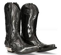 PU Bottes en Cuir Vintage Western Cowboy Bottes Broderie Biker Bottes Slip sur Casual Chaussures Bottes à Bout Pointu,Noir,43