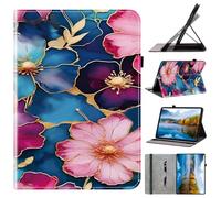PU Cuir Etui Pochette pour OnePlus Pad Lite Tablette Etui Housse Couverture en Cuir Flip Stand Case Cover Coque étui Exquise Housse Imprimé, Fleurs Bleues et Roses bordées d'or
