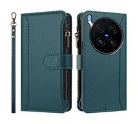 PU Étui Portefeuille à Rabat en Cuir pour Téléphone Portable, 9 Emplacements Cartes, Poche à Fermeture Éclair, Fonction Support, Bandoulière Amovible, Antichoc Protection Vivo X300 Ultra 5G-Vert