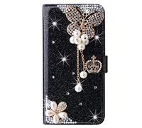 PU Folio à Clapet Portefeuille pour MOTO X70 AIR POR Coque Etui Flip Paillette Brillante Glitter Luxe 3D Big Papillons Design Cristal Sparkle Strass Case de Protection pour MOTO X70 AIR POR,Noir