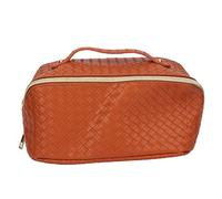 PU Leather Makeup Storage Bag, Travel Cosmetic Bag with Woven Pattern and Zipper Closure, Water Resistant Large Capacity Organizing Pouch for Women on The Go (Brun)
