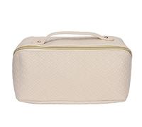 PU Leather Makeup Storage Bag, Travel Cosmetic Bag with Woven Pattern and Zipper Closure, Water Resistant Large Capacity Organizing Pouch for Women on The Go (Blanche)