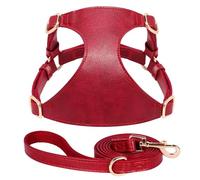 PU Réglable en Cuir PU Chihuahua French Bulldog Pug Walking Training Harness Lash Set pour Les Petits Et Moyens Chiens Et Chats,Rouge,M