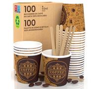 PubCUP Lot de 100 gobelets en papier pour café 65 ml écologiques biodégradables et jetables, petits emporte-pièces chaudes + 100 palettes en bois de bouleau