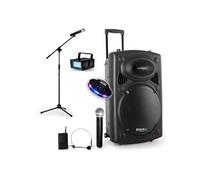 Public Adress mobile MP3 700W + 3 mic PORT12VHF-BT + Pied pour Chant + mini Strobe + Effet OVNI LytOr