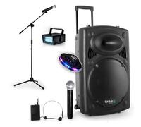 Public Adress mobile MP3 700W + 3 mic PORT12VHF-BT + Pied pour Chant + mini Strobe + Effet OVNI LytOr