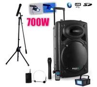 public adress mobile mp3 700w + 3 mic port12vhf-bt + pied pour chant + mini strobe lytor