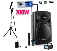 Public Adress mobile MP3 700W + 3 mic PORT12VHF-BT + Pied pour Chant + mini Strobe LytOr