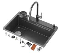 Pubstbos Évier de cuisine noir à cuve unique en acier inoxydable 304 avec robinet extractible - Siphon côté gauche - Kit d'installation complet inclus (60 x 45 x 22 cm)
