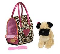 Pucci Pups - Sac en Peluche imprimé léopard et Carlin - Animal en Peluche Puppy avec Accessoires - Chiot rembourré Carlin - Peigne et Porte-Monnaie - 2 Ans et +