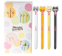 Puckator Adoramals - Lot de 4 stylos à bille fantaisie motif chat et chien avec action clic sur la languette | Accessoires de bureau mignons, papeterie cadeau, encre noire