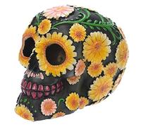 Puckator Crâne déco Jour des Morts motif fleuri Polyrésine Jaune/Vert/Rose/Noir 15 x 10,5 x 11,5 cm