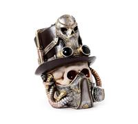 Puckator Crâne décoratif Style Steampunk avec Masque Anti-gaz et Chapeau - Sculpture en résine ornementale - Figurine Accessoire Gothique pour Maison et Halloween