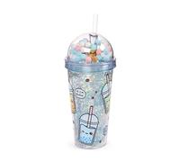Puckator Foodiemals Tasse à thé aux perles à double paroi et paille avec breloques - Gobelet isotherme avec couvercles et pailles pour adultes et enfants - Tasse isotherme de voyage avec paille