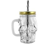 Puckator JAR29 Bocal Tête de Mort avec Paille et Couvercle métallique Transparent/Noir/Blanc/Doré 11 x 9 x 14 cm