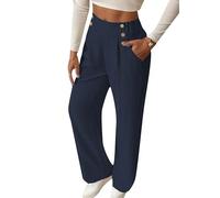 PUDANA Femmes Baggy Pantalon Long Bouton Trousseries Haute Taille Élégante Large Jambe Slack Bleu Marine S