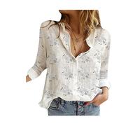PUDANA Femmes Chemise en Coton Lin avec Col Chemise De Dîner Décontractée Fleur Douce Blouse Petite Fleur Blanche M
