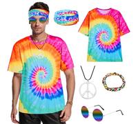 Puddry Deguisement Hippie Homme Femme, Deguisement Adulte, Deguisement Annees 80 70 60s, Deguisement Carnaval Homme, Hippie T Shirt+Lunettes+ Collier +Bandeau+Bracelet Tenue Disco Carnaval Halloween