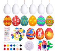 Puddry Oeufs de Paques a Peindre, Oeuf de Paques a Decorer, Oeuf Bricolage Paques Enfant, Décorations de Pâques avec 25 Oeufs Blancs Lanyards Stylos de Couleur Autocollants, Cadeau Paques Enfant
