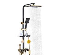 PUDLOR Ensemble de douche avec mitigeur thermostatique - Système de douche noir doré - Douchette à main - Barres de douche réglables en hauteur - En laiton - Colonnes de douche