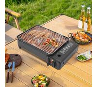 PUDLOR Réchaud à gaz de camping 2200 W - Portable - Système d'allumage piézo - Tubes de feu à deux rangées - Bac récupérateur de graisse - Pince - Serrure de sécurité pour barbecues, terrasses