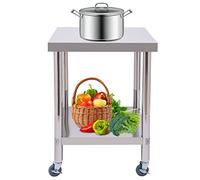 PUDLOR Table de travail mobile en acier inoxydable 60 x 60 x 85 cm avec 4 roues universelles avec roulettes - Table de barbecue en acier inoxydable pour cuisine, bar, restaurant, commercial