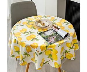 PUDSIRN Nappe Citrons, Nappe Printemps et été Couverture de Table Jaune, Tissu Polyester Imperméable Nappe Anti-Taches, pour Cuisine Pique-Nique (Rond 140cm)