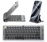PuechAxe Clavier Bluetooth pliable avec support - Rechargeable - Format de poche - Pour iPhone, iPad, tablette, ordinateur portable, smartphone - B088