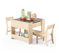 Puecrof Bureau 4 en 1 pour enfant avec 2 chaises - Table d'activités en bois de bouleau avec tableau blanc et tableau noir réversible, 3 compartiments de rangement pour enfants pour peindre, lire et