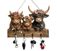 Pufei Porte-clés mural en bois formes Highland Cattle 2D avec 8 crochets décoratifs pour entrée, couloir, ferme