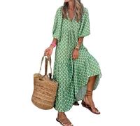 Puff Sleeve Floral Boho Maxi Dresses for Women Summer, V Neck Beach Vacation Flowy Swing Casual Long Dress (5TG,F)
