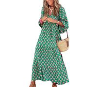 Puff Sleeve Floral Boho Maxi Dresses for Women Summer, V Neck Beach Vacation Flowy Swing Casual Long Dress (TG,B)
