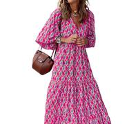 Puff Sleeve Floral Boho Maxi Dresses for Women Summer, V Neck Beach Vacation Flowy Swing Casual Long Dress (3TG,I)