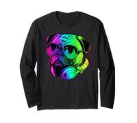 Pug DJ Casque audio rétro pour amoureux des chiens Manche Longue