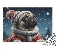 Pug en Chapeau d'hiver Puzzle 1000 Pièces Standard Adolescents Loisir Détente Développement De La Concentration Meilleure Vente Papier Non Toxique 52x38cm/1000pcs