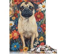 Pug in A Flower Field Pug Surrounded by Blooms Dog Wall Art Print Puzzles 1000 Pieces Cadeau Unique Jeu Éducatif Challenge Toy À De Qualité Supérieure Peinture Art pour Adultes Enfants 1000pcs (75x