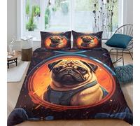 Pug in space Linge de Lit 3 Pièces Microfibre résistante 3D Imprimée Respirante Sci-fi cartoon style Ensemble De Literie avec 2 x Taies d'oreiller Super Douce for Chambre Enfants Single（140x200cm）