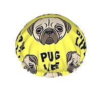 Pug Life Bonnet de douche imperméable jaune avec visage de carlin mignon, bonnet de bain élastique pour cheveux, protection de l'environnement, bonnet de bain pour cheveux, double couche imperméable