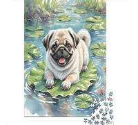 Pug Puppy sur Lily Pad 1000 Pièces Stock De Cartes Premium Puzzle De Bricolage Senior Jigsaw Enthusiastes Entraînement du Cerveau Décompression Cadeaux 70x50cm/1000pcs