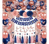 Décorations de fête d'anniversaire or rose et bleu marine pour femme avec bannière « Happy Birthday », rideaux, mur de papillons, guirlande de pois circulaires, pompons en papier, guirlande de pompons
