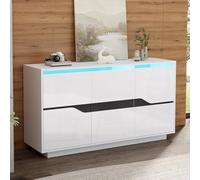 PUGSDRLY 140 * 40 * 76cm Buffet de Salon,LED Sideboard à 3 Portes, Polyvalents avec séparateurs réglables (White)