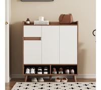 PUGSDRLY Armoire à Chaussures avec étagères réglables H99/B90/T35 cm, Armoire de Rangement Simple pour la Maison,Sideboard avec Base en Bois Massif (White+Natural)