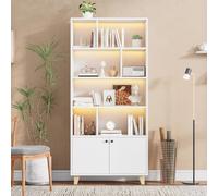 PUGSDRLY Bibliothèque Moderne avec 2 Portes et 4 étagères, Meuble de Rangement 173cm avec Pieds Bois Massif, éclairage LED, Buffet pour Salon, Bureau ou Chambre (White)