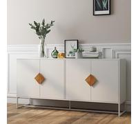 PUGSDRLY Buffet 160x40x75.5cm avec 2 Étagères Intérieures et 4 Portes, Sideboard avec Poignées Carrées en Bois Massif, Structure Métallique, pour Salon, Salle à Manger ou Entrée