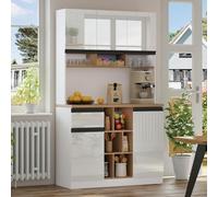 PUGSDRLY Buffet Cuisine avec Étagères Réglables,Tiroirs,Étagères Ouvertes,Buffet Haut,Meuble Cuisine avec Poignées Métalliques,Meuble Cuisine Rangement pour Cuisine,Salon (Blanc)