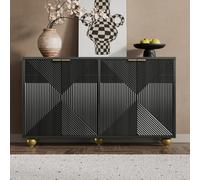 PUGSDRLY Buffet d'Appoint 120X35X71.5CM avec 4 Portes Ornementales, Buffet de Salle à Manger doté d'Étagères Réglables, Poignées en Métal et Pieds Sphériques, Meuble de Rangement pour Salon (Black)